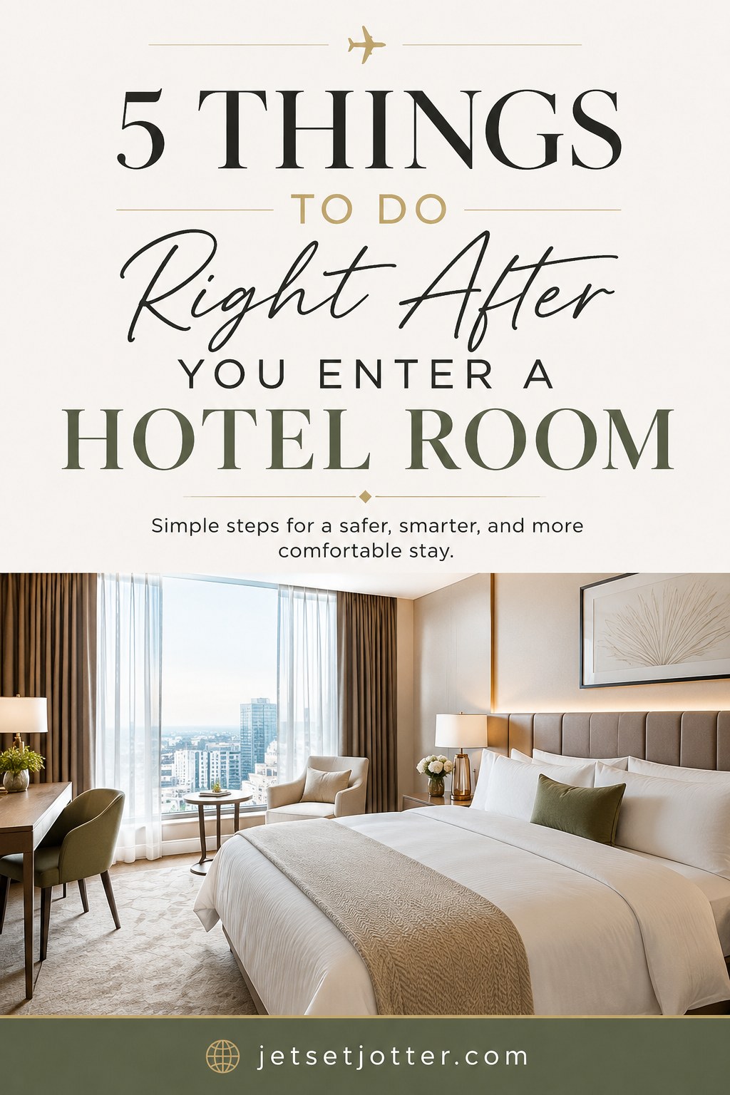 A hotel bedroom and desk illustrate the first safety checks every traveler should do right after check-in.