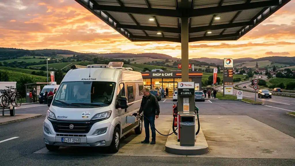 Motorhome fueling at gas station