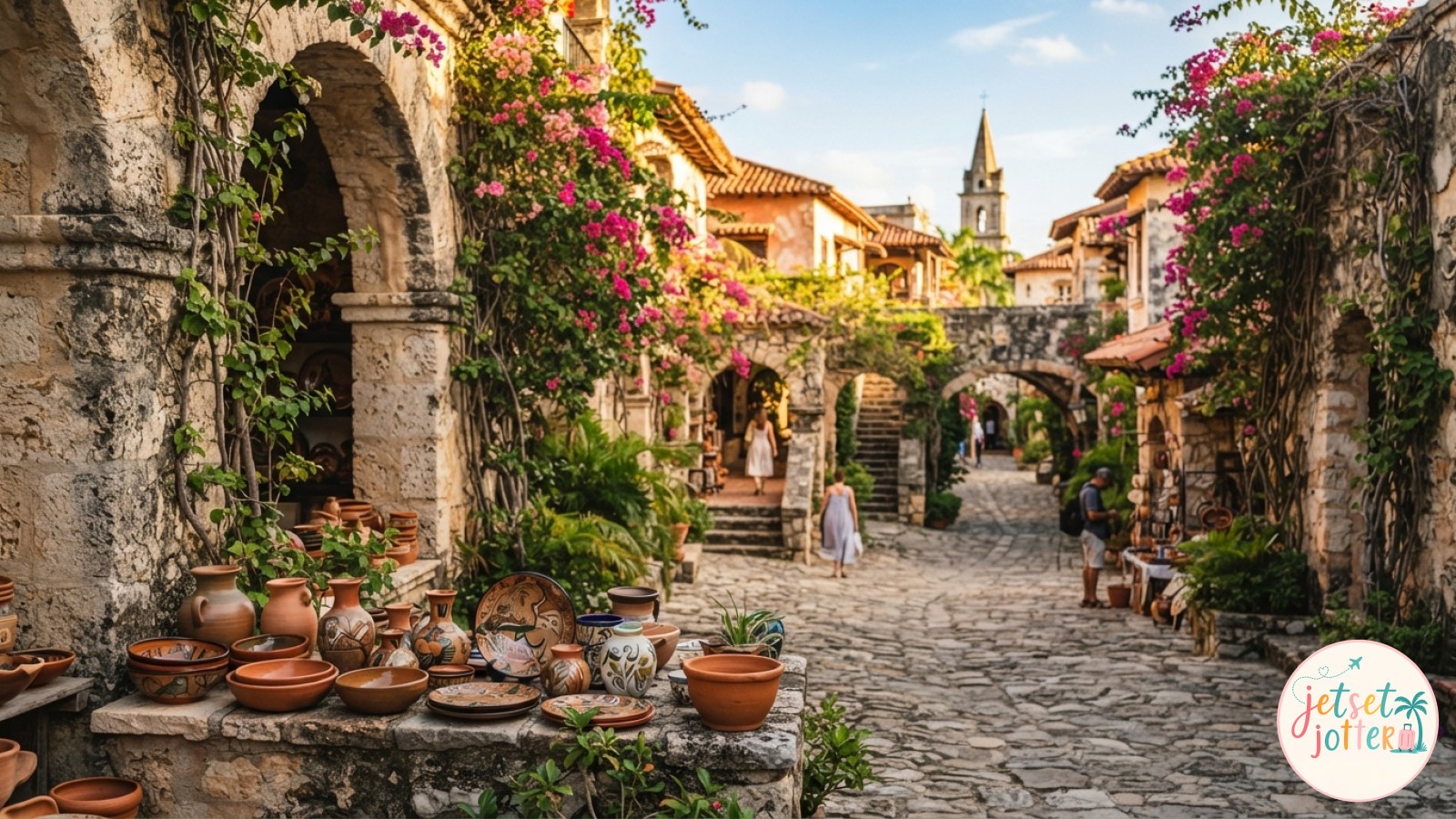 Cobblestone street and pottery display in Altos de Chavón village near La Romana