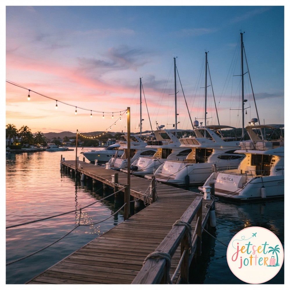 Yachts docked at a La Romana marina glowing under string lights at twilight
