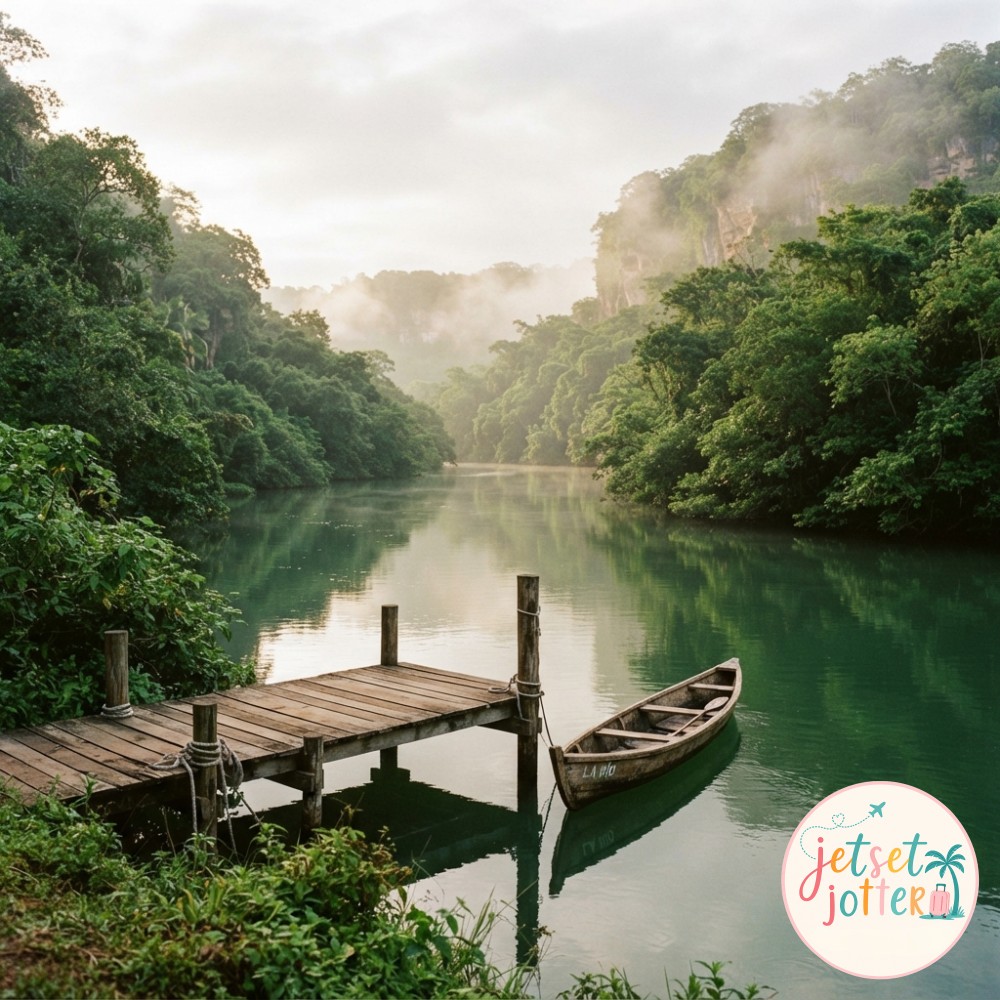 Wooden dock and canoe on the misty Chavón River winding through jungle near La Romana