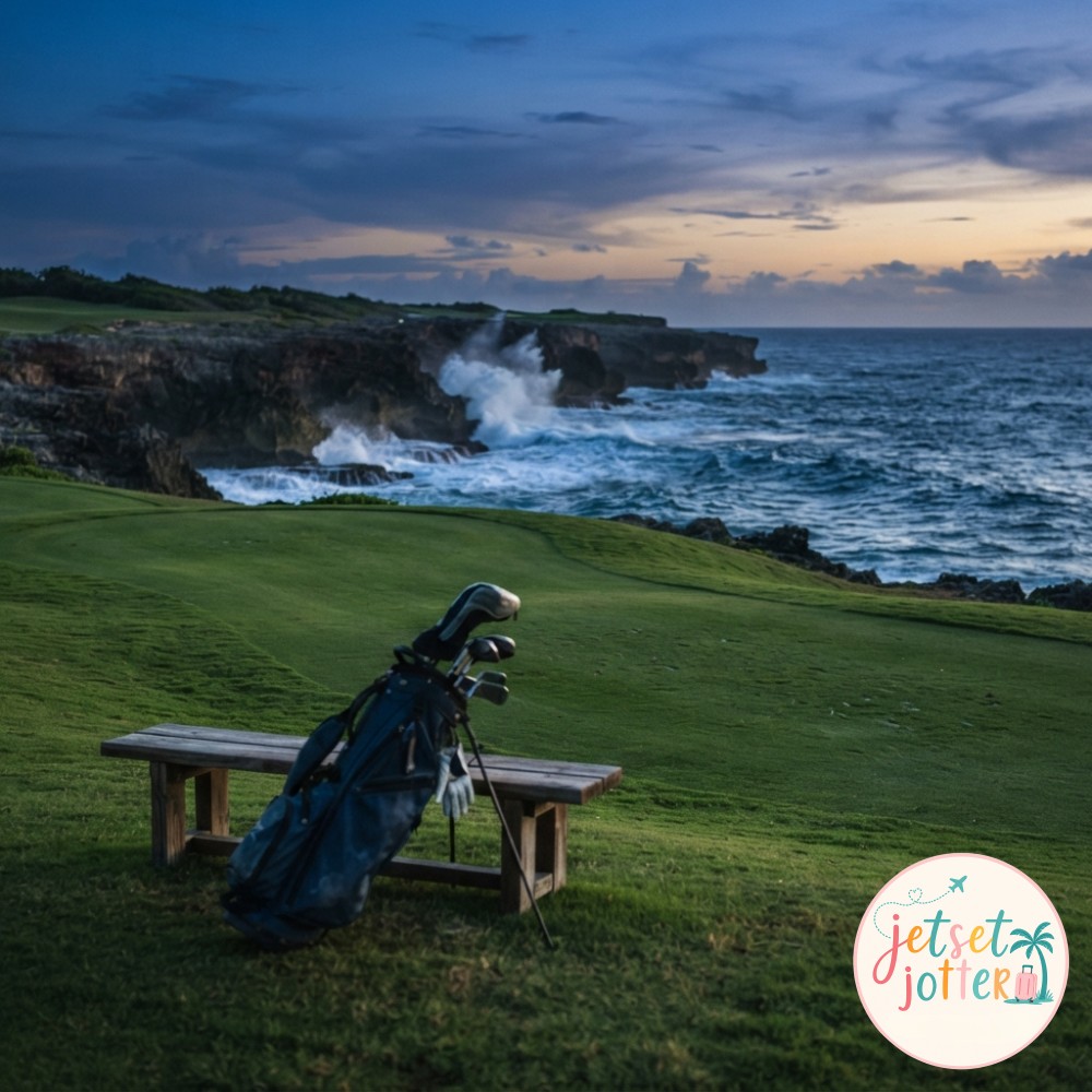 Golf bag resting on a bench above Casa de Campo's Teeth of the Dog course near La Romana at dusk