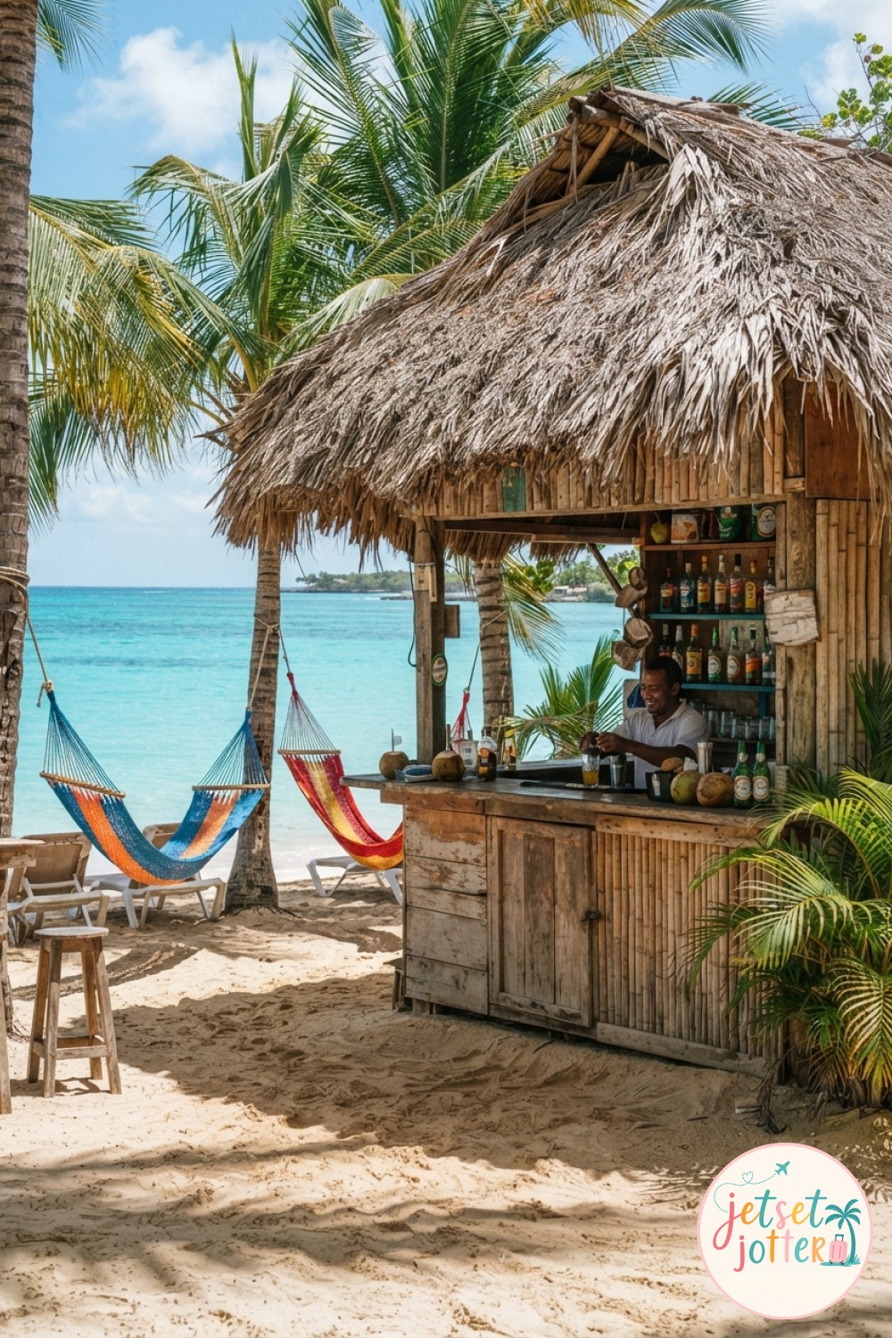 Thatched-roof beach bar with colorful hammocks on Bayahibe's shore near La Romana