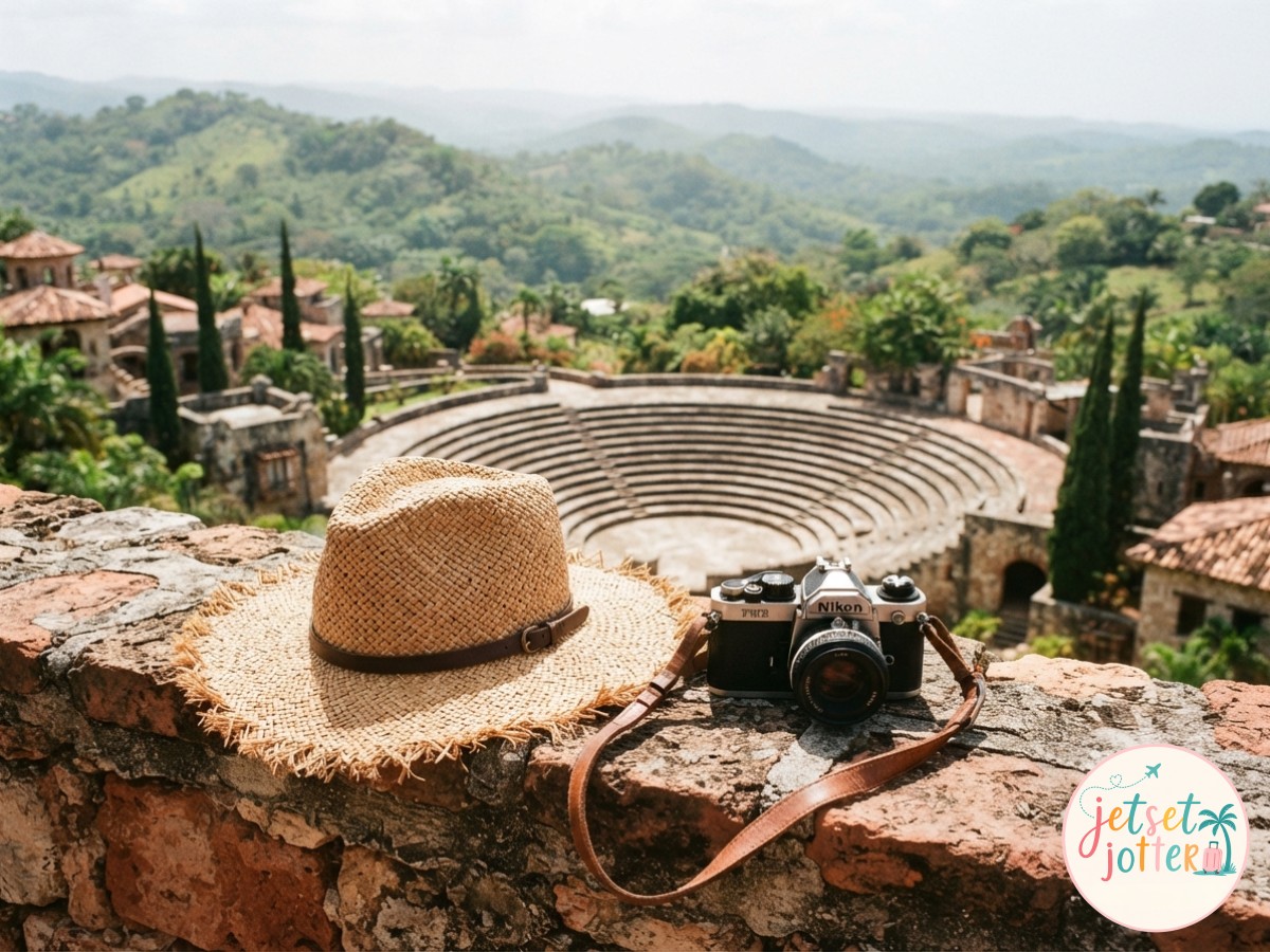 Straw hat and vintage camera resting above the amphitheater in Altos de Chavón near La Romana
