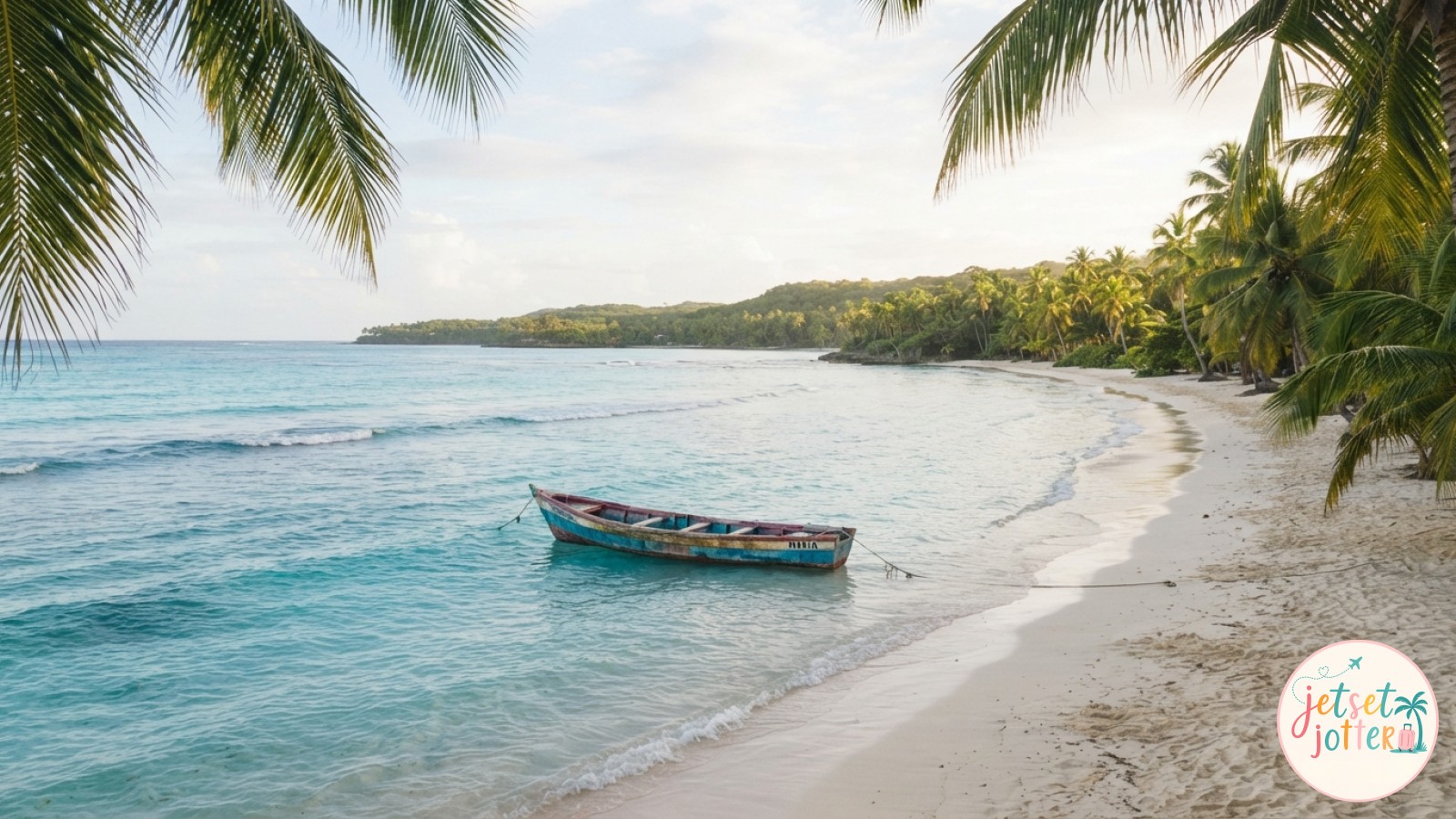 Wooden fishing boat anchored off Bayahibe Beach near La Romana at soft early morning light