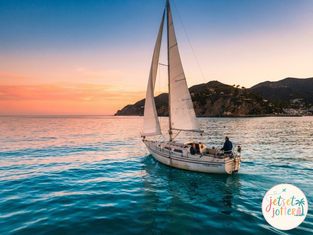 Sailboat crossing turquoise water toward Catalina Island near La Romana at golden hour
