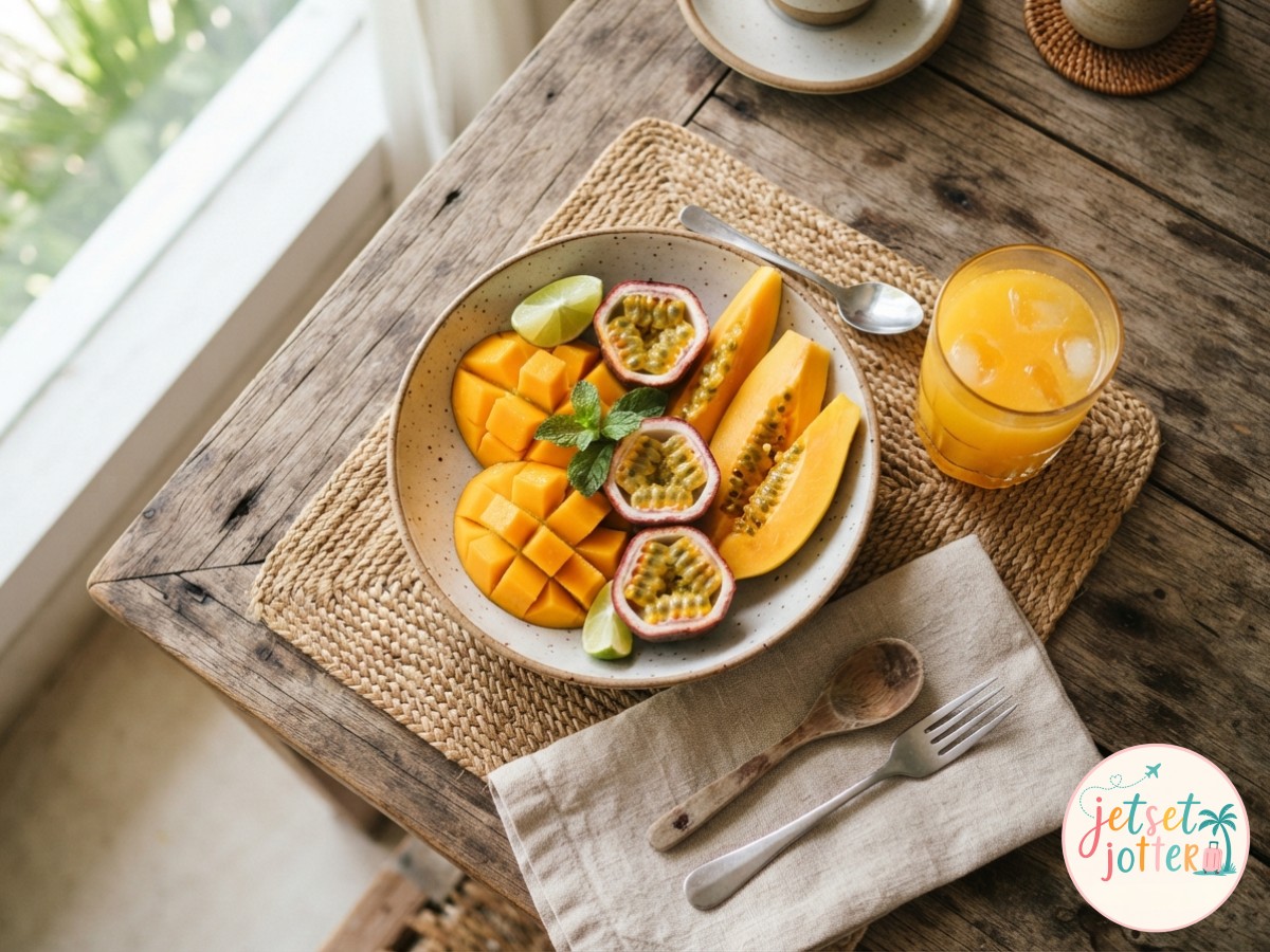 Overhead view of a tropical fruit breakfast plate with juice, a favorite morning ritual near La Romana