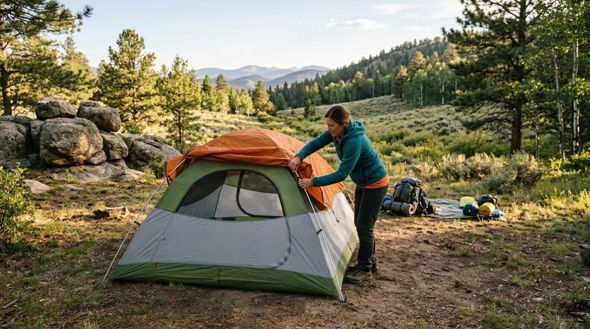 Beginner backpacker setting up tent