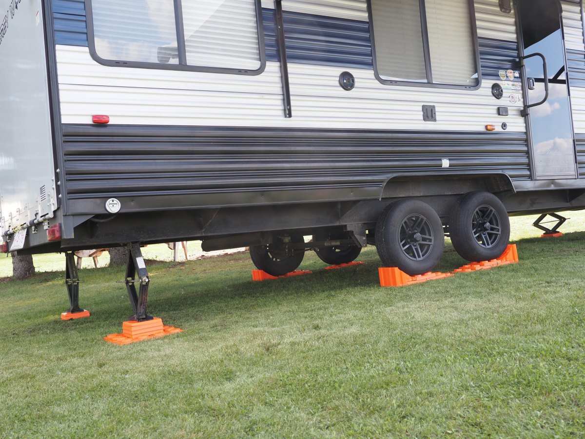RV leveling blocks under camper