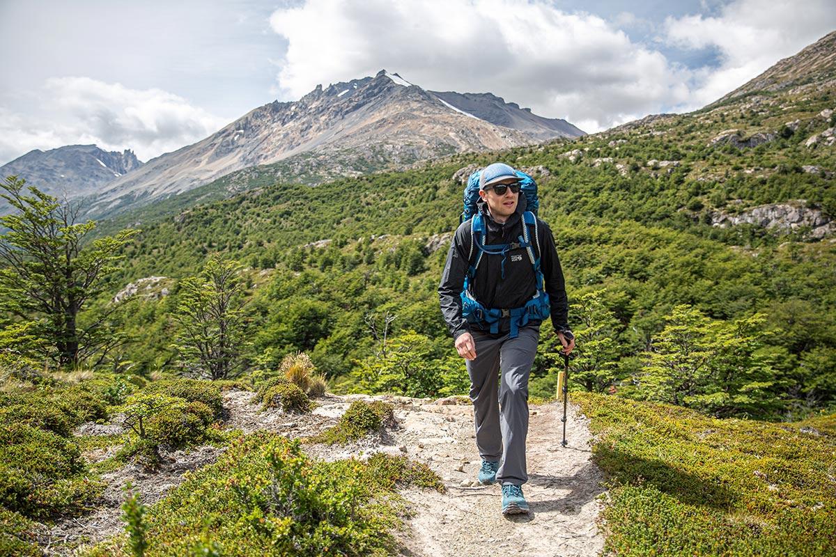 Lightweight hiking boots on mountain trail