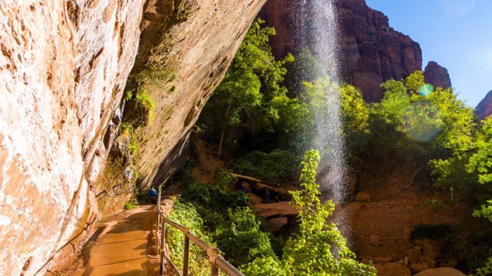 Toddler friendly hikes Utah waterfall trail through canyon walls