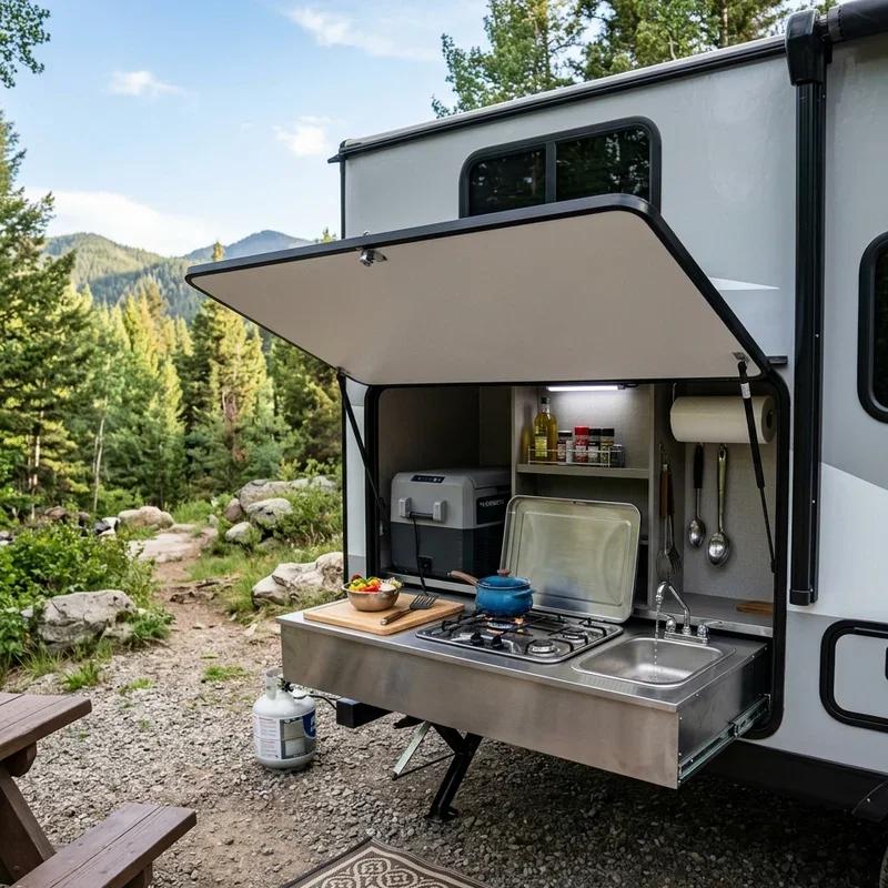 Outdoor RV cooking setup at campsite