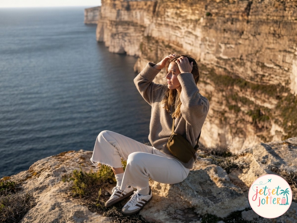 Golden-hour cliff edge in Gozo, a classic Malta Instagram story idea with turquoise sea below.