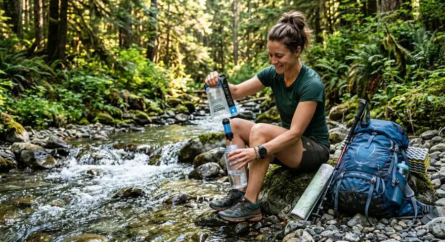 Backpacker filtering water outdoors