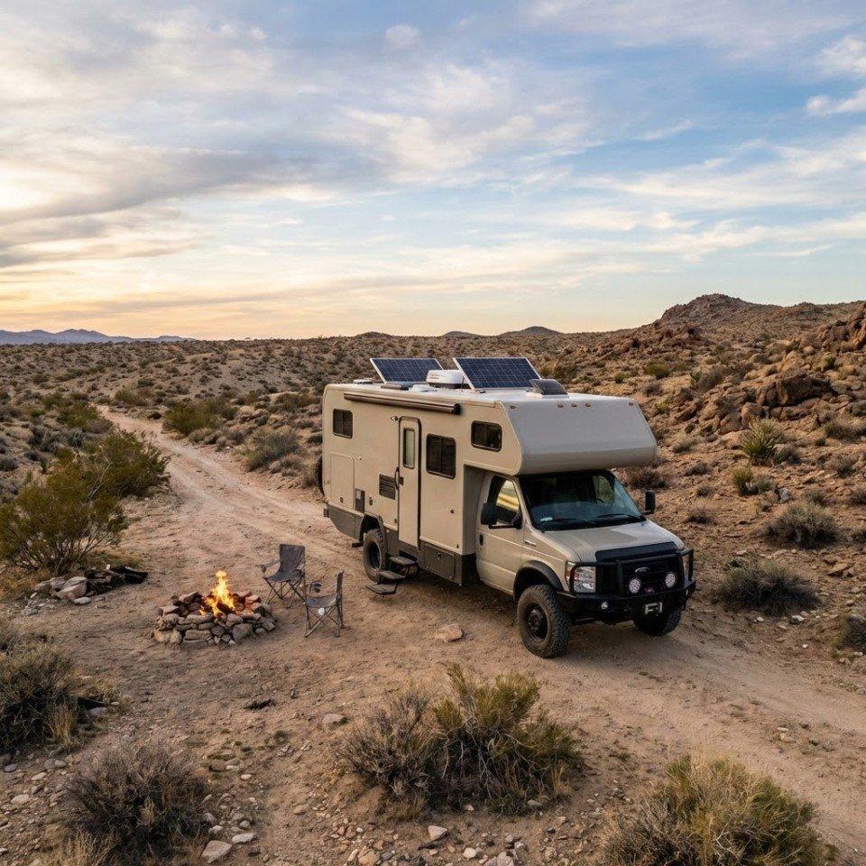 Off grid RV with solar panels