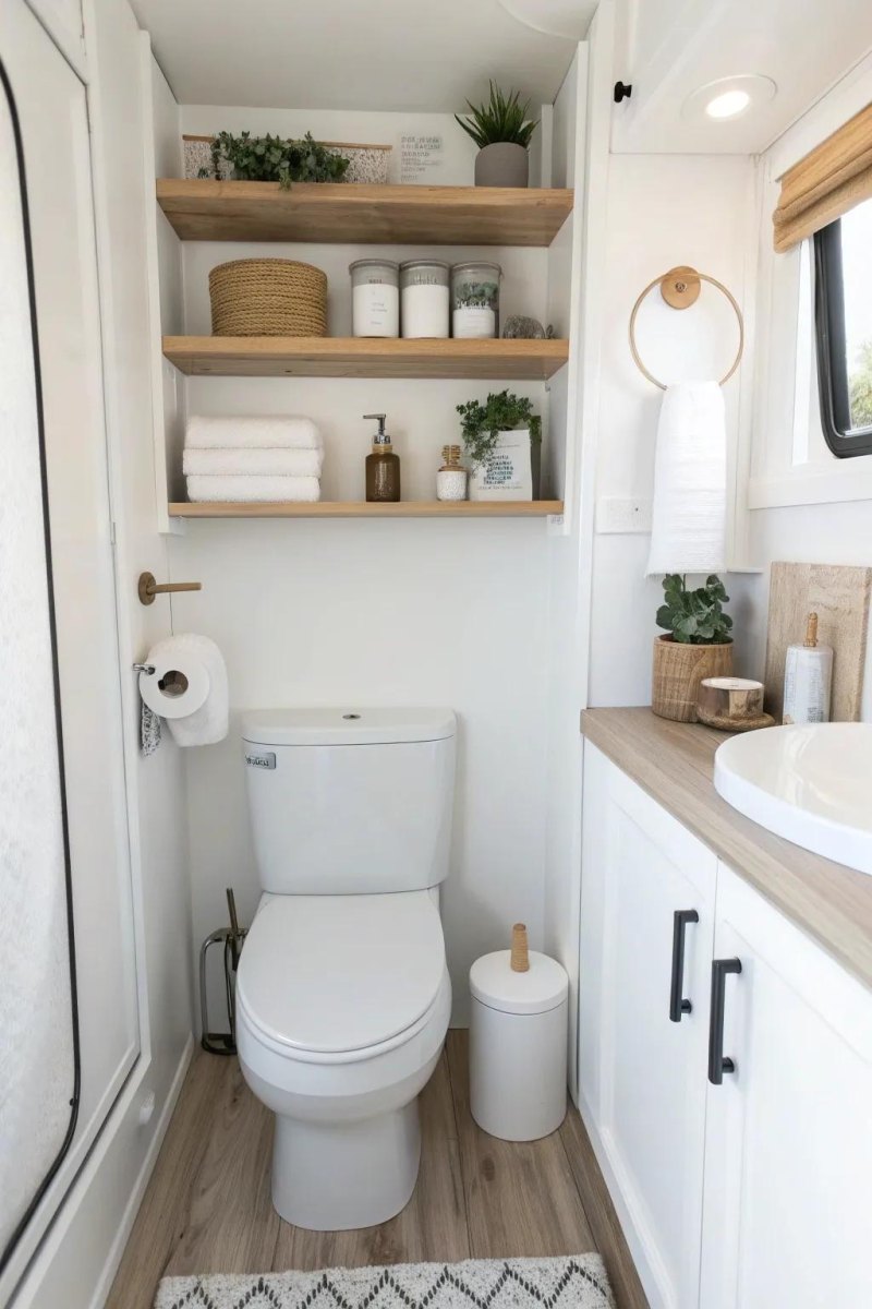 Organized RV bathroom shelves