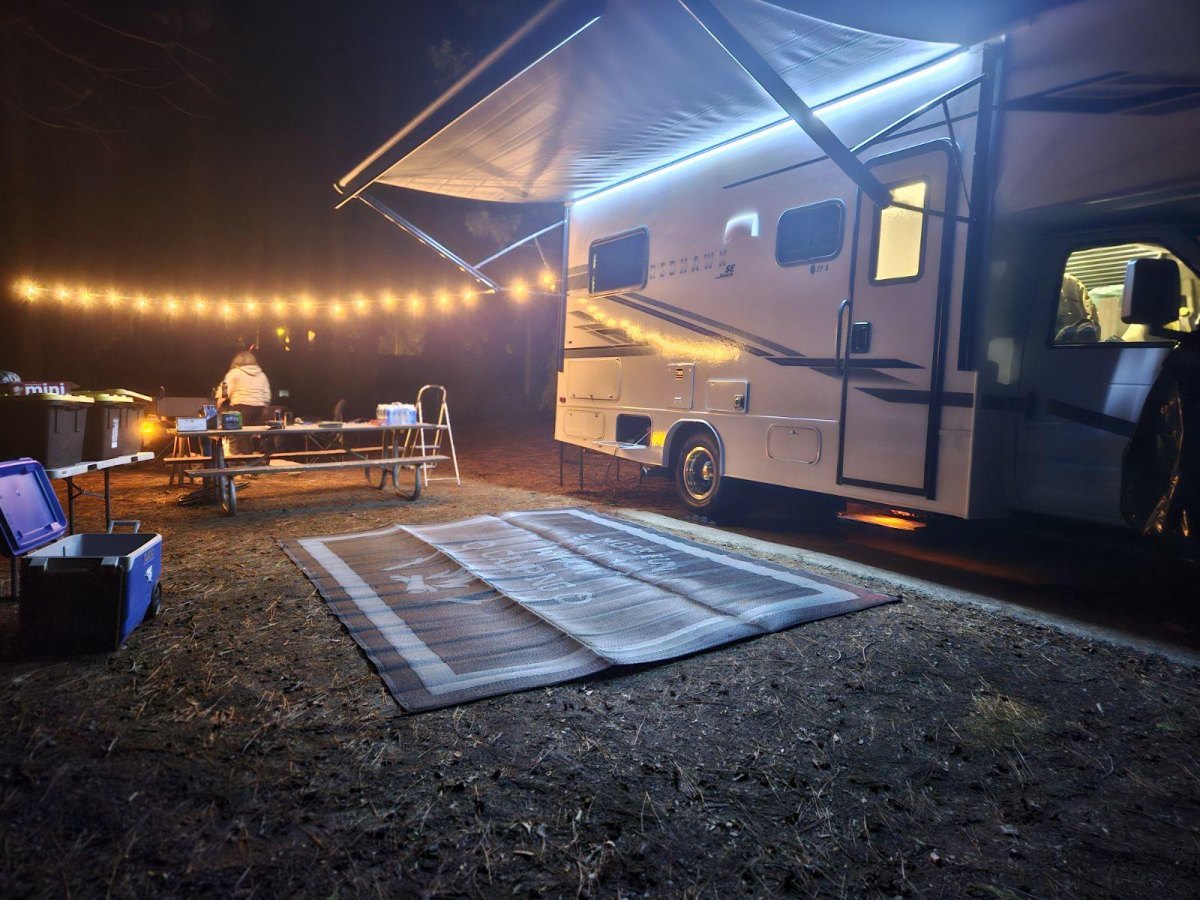 RV campsite outdoor lights at night