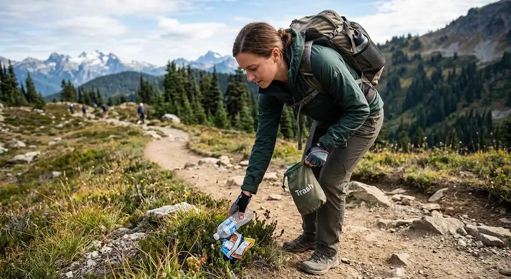 Hiker collecting trail trash