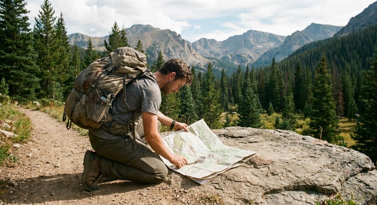 Hiker planning route with map