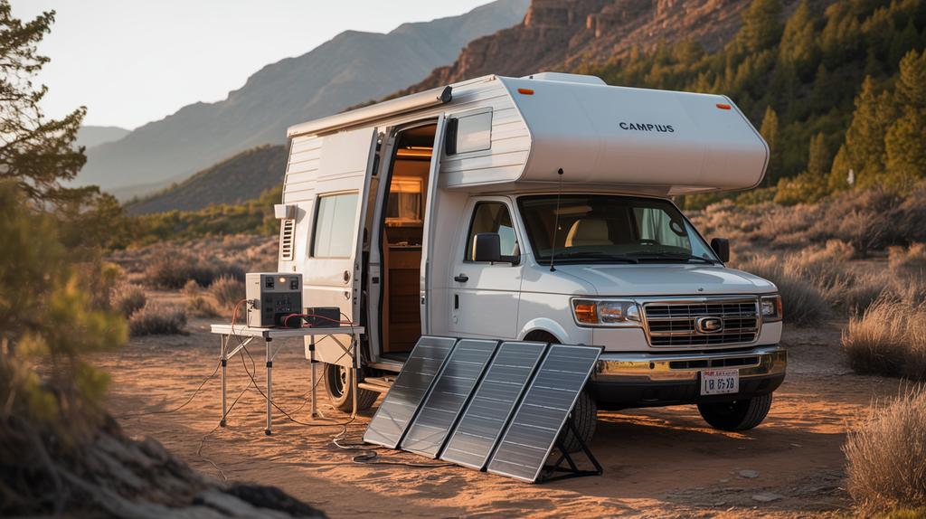 Portable solar panels at campsite