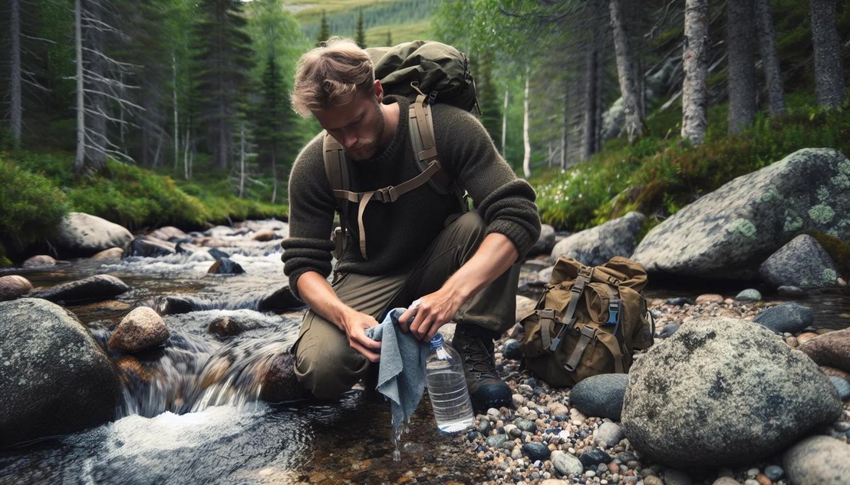 Hiker pre filtering muddy trail water