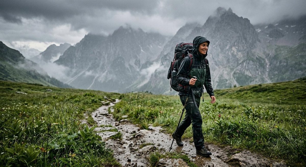 Backpacker preparing for bad weather