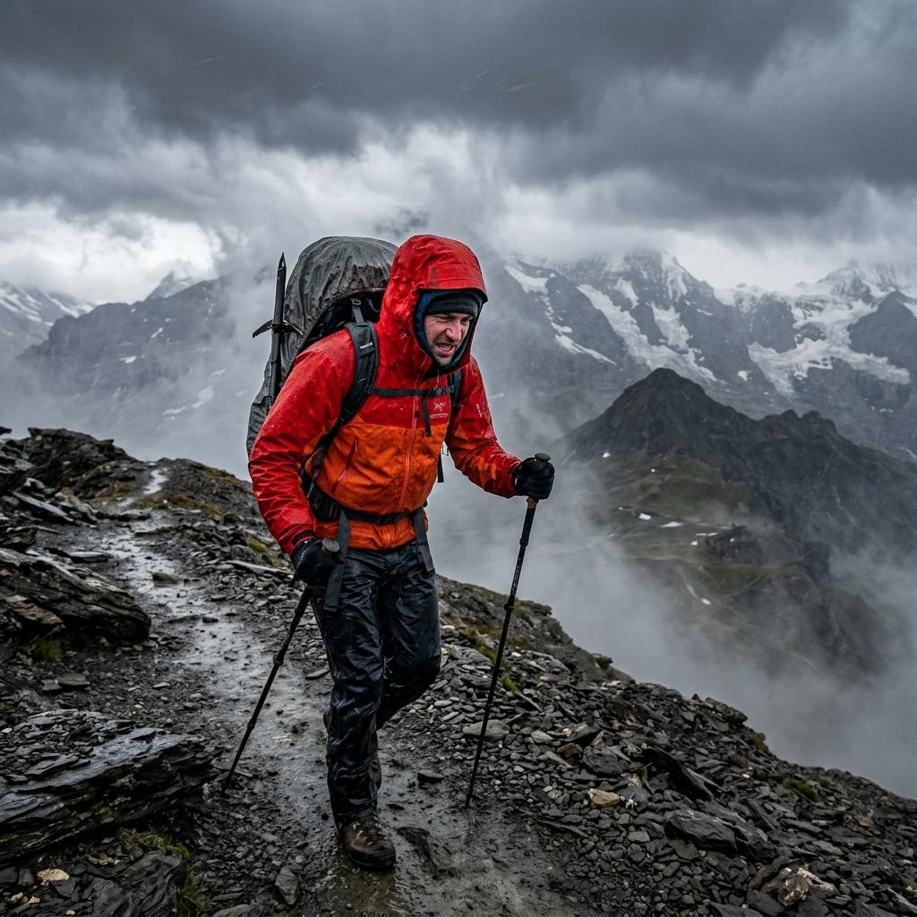 Prepared hiker in changing weather