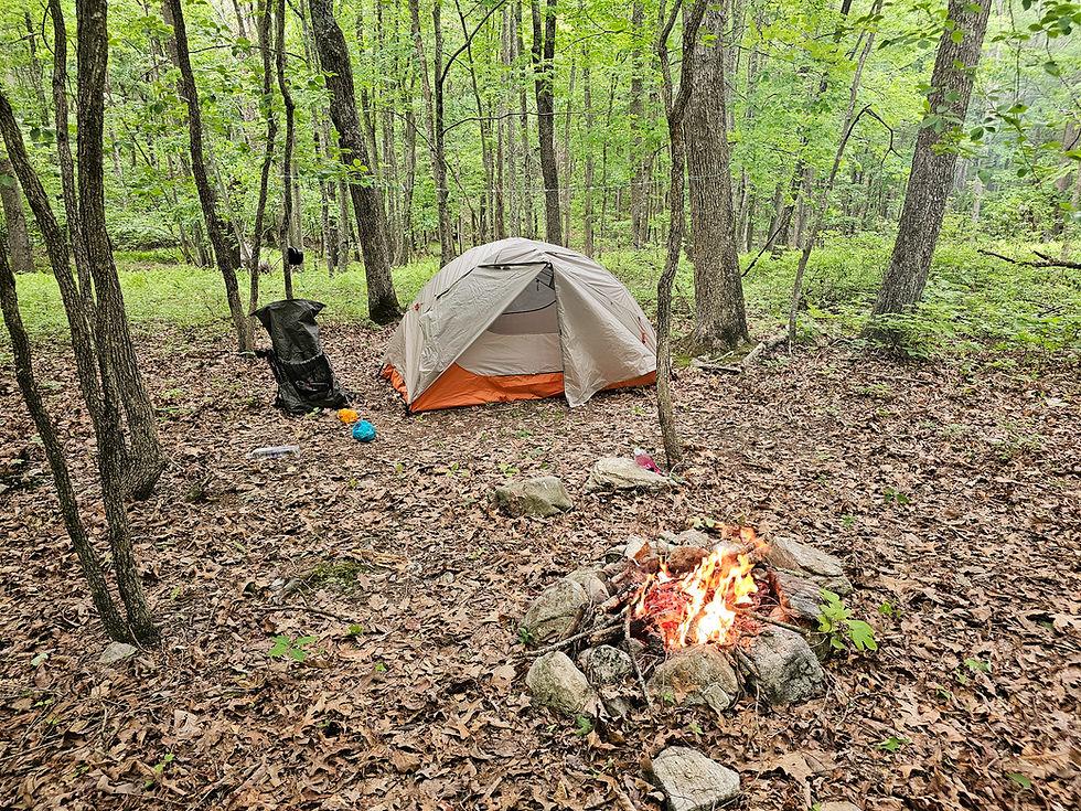 Small campfire at wilderness campsite