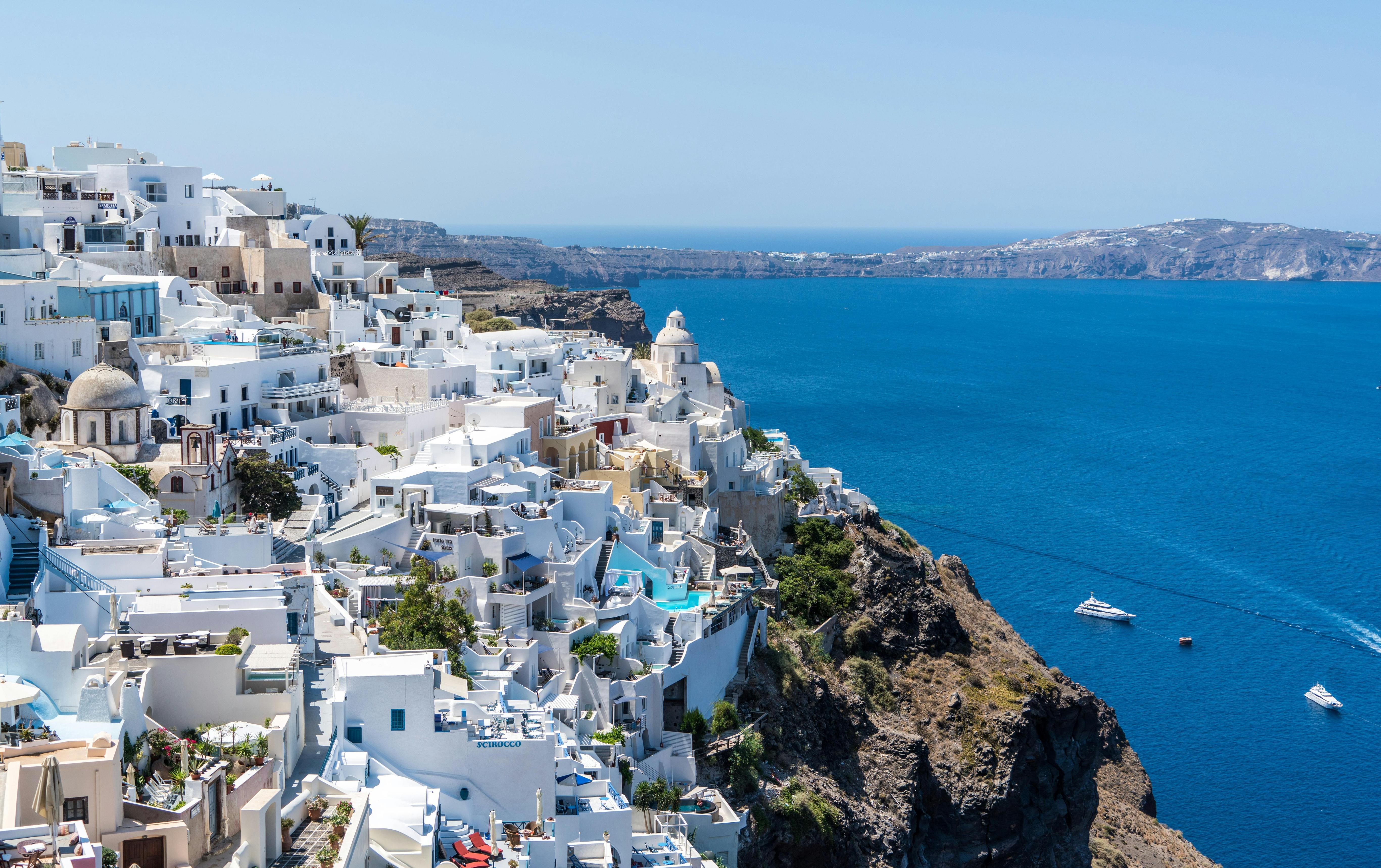 Santorini white buildings and sea