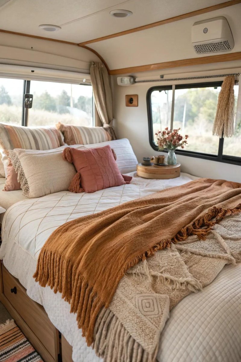 RV bed with pillows and blankets