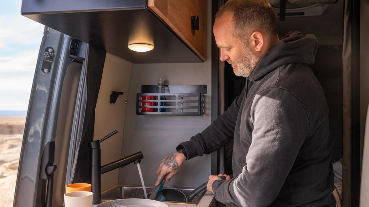 Washing dishes in compact RV sink