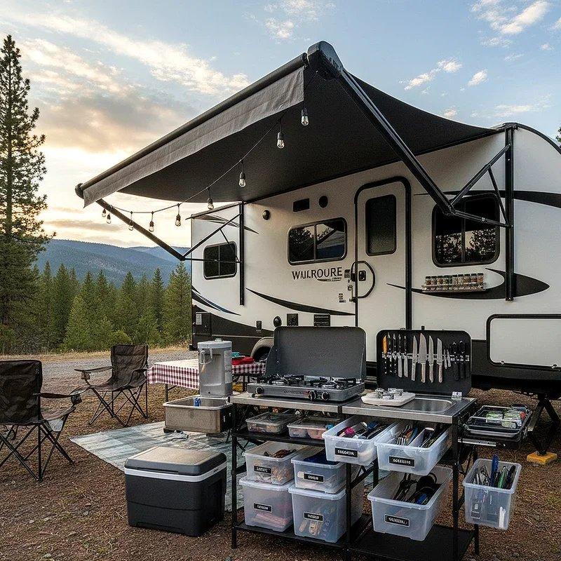 Organized dry camping campsite setup