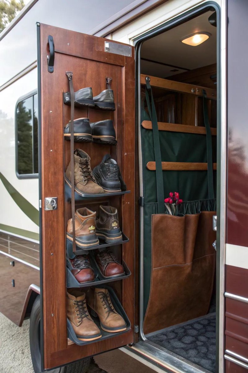 RV entryway shoe storage hooks