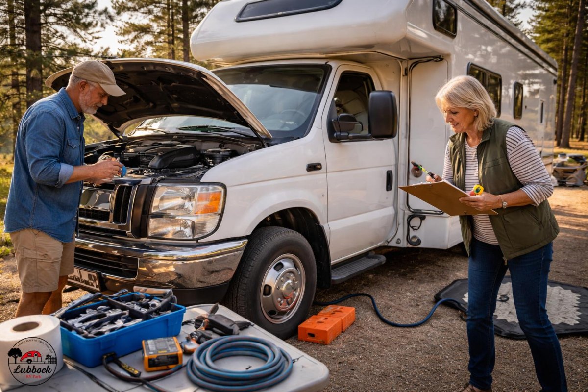 RV technician inspecting motorhome