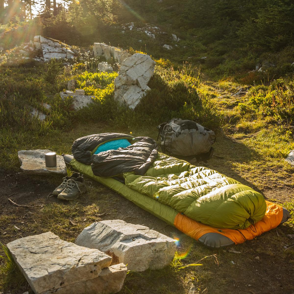 Sleeping bag inside backpacking tent