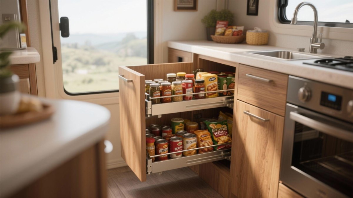 RV pantry with organized food containers
