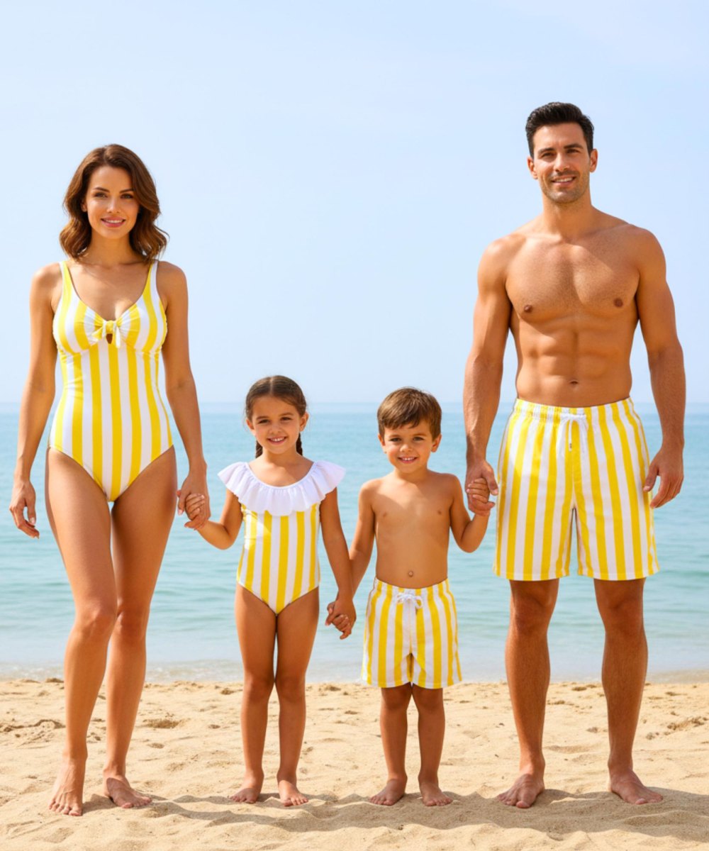 Family wearing beach swimwear