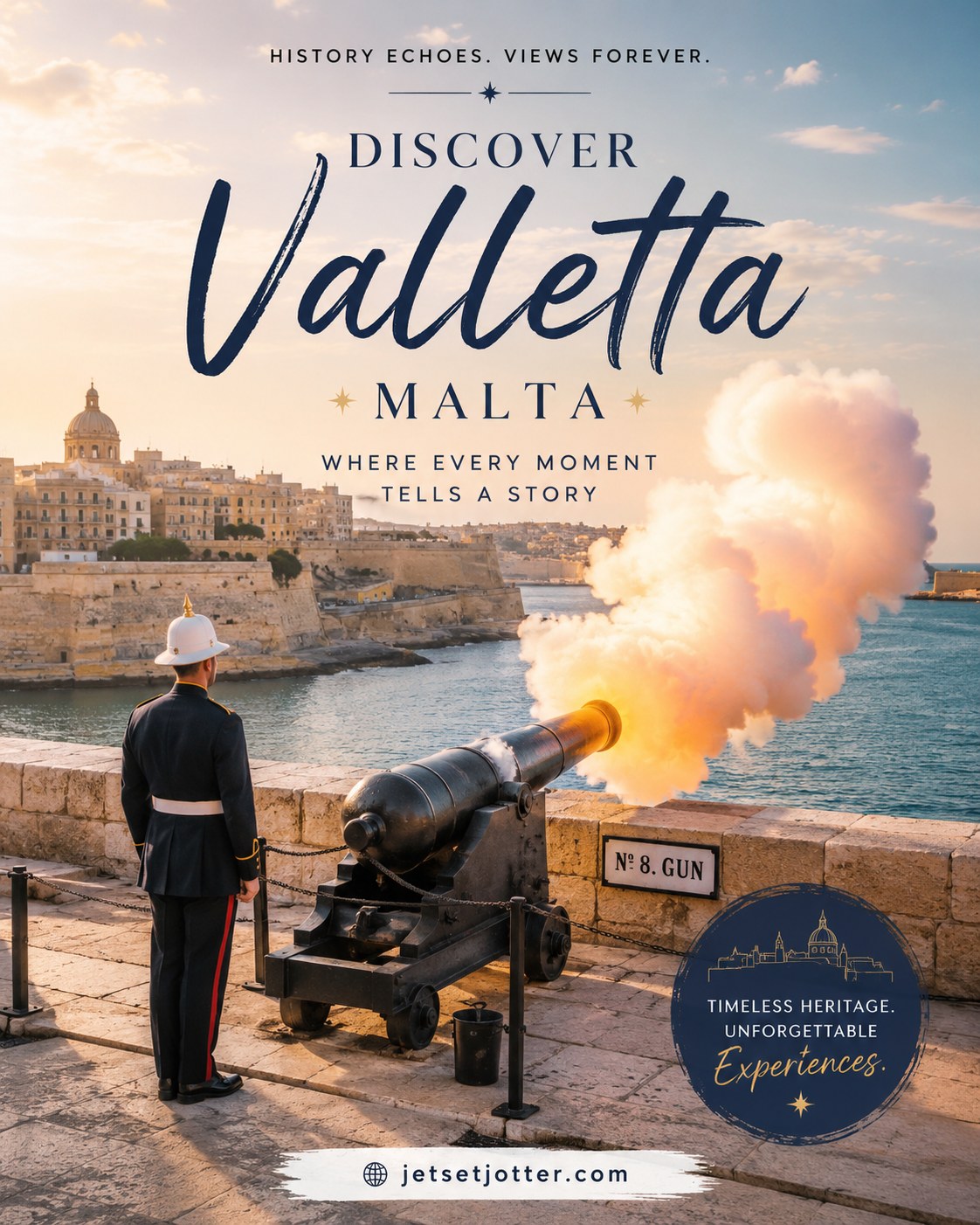 Guard firing the historic cannon at the Saluting Battery overlooking Valletta's Grand Harbour
