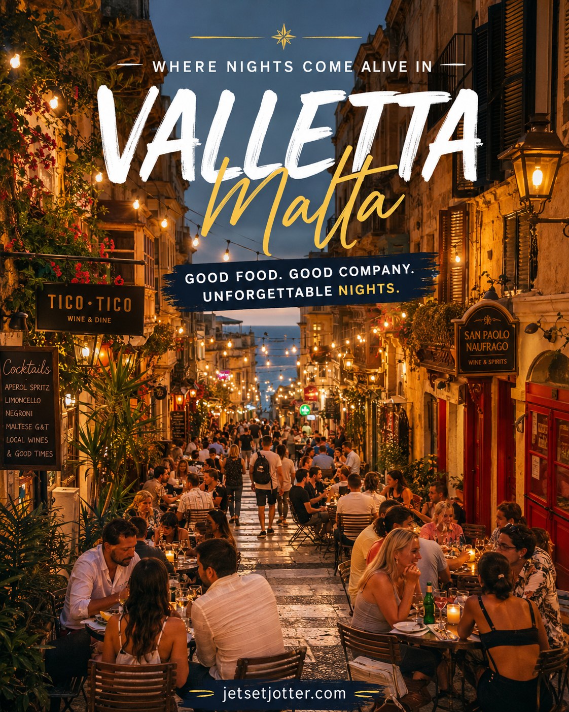 Crowded evening scene on Strait Street in Valletta with diners at outdoor tables under string lights
