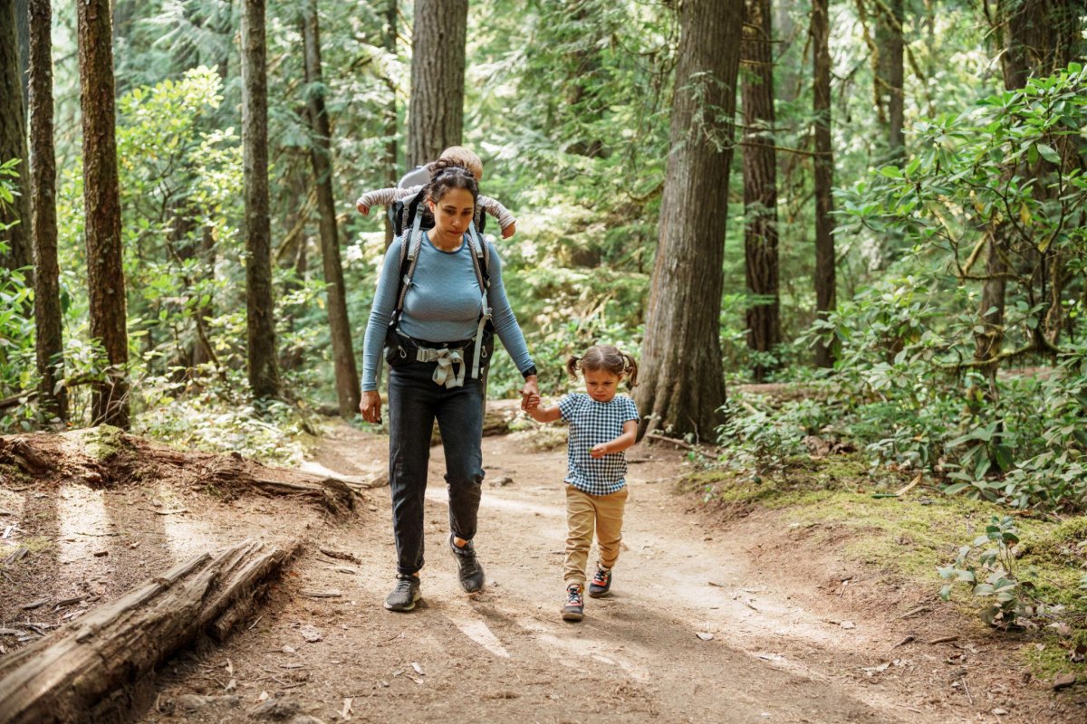 Kids hiking safely on forest trail