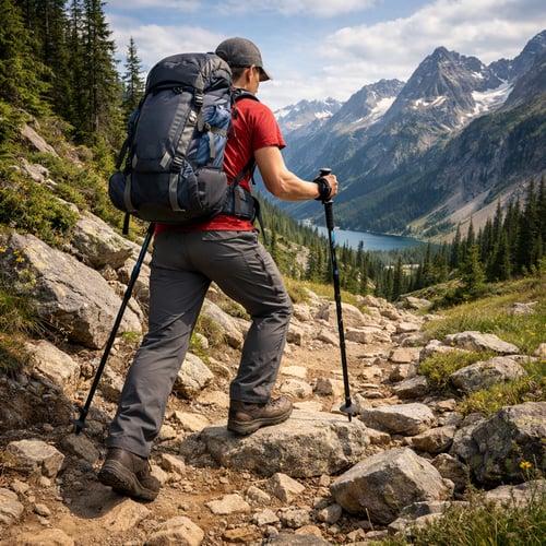 Trekking poles on mountain trail