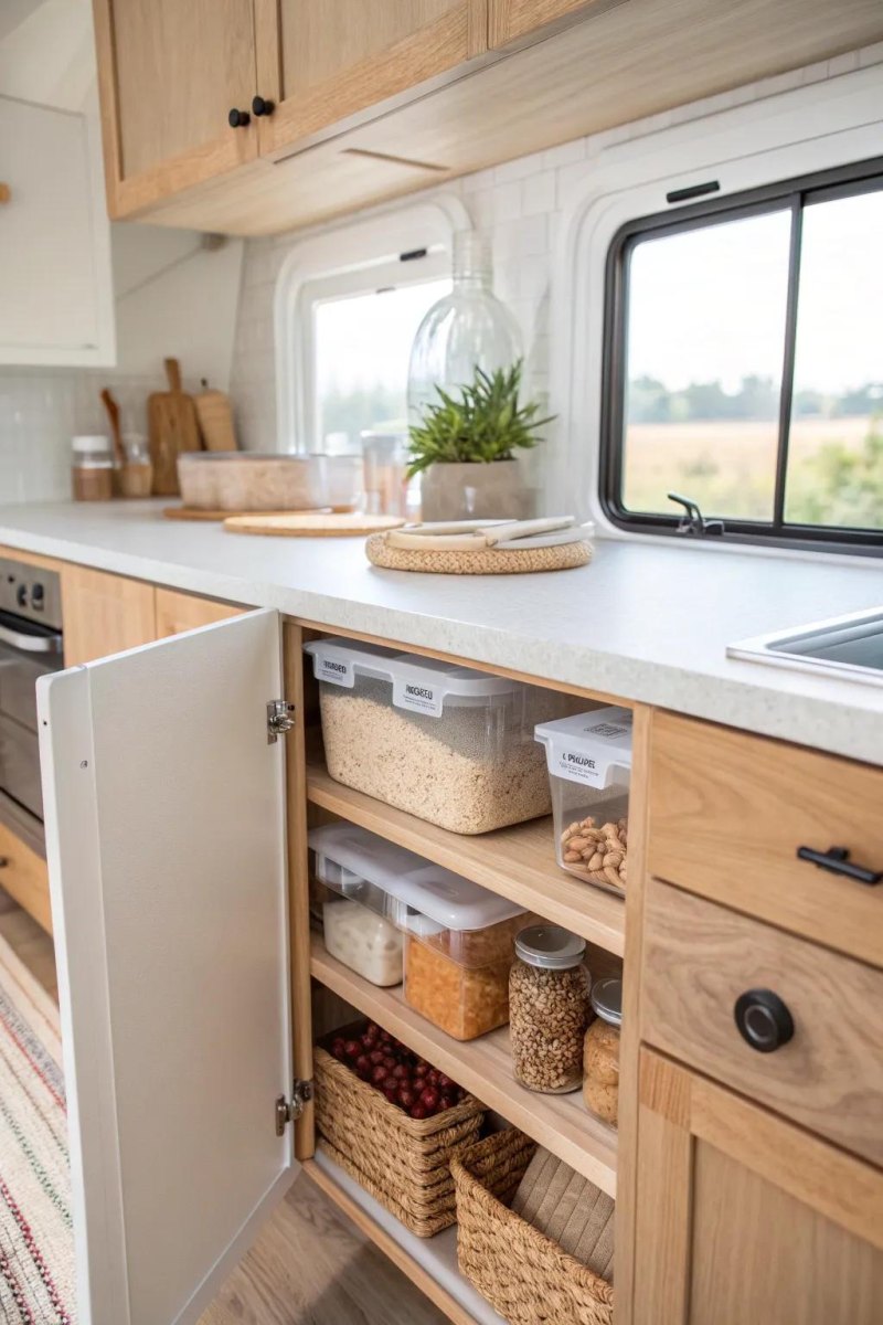 Clear storage bins in RV cabinets