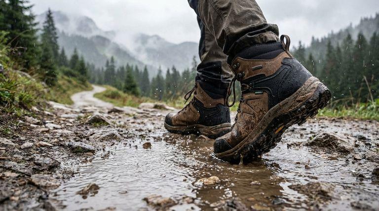 Waterproof hiking boots in muddy weather
