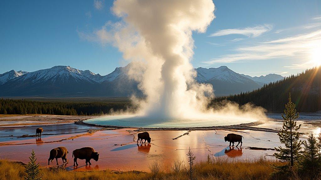 Yellowstone geyser and mountain landscape